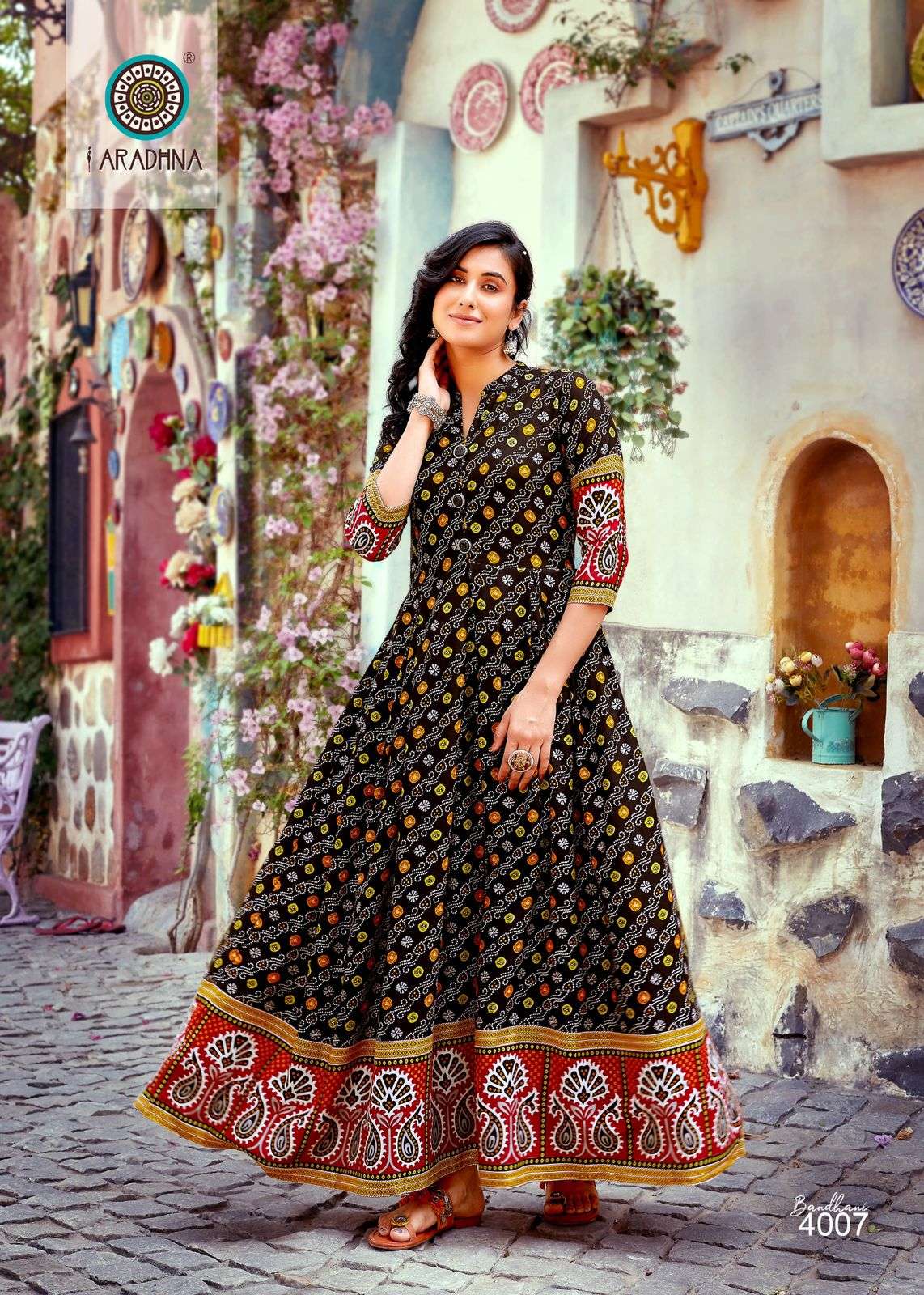 BANDHANI VOL 4 RAYON BANDHANI PRINT EMBROIDERY WORK LIVA TAG LONG GOWN KURTI BY ARADHNA BRAND 4007